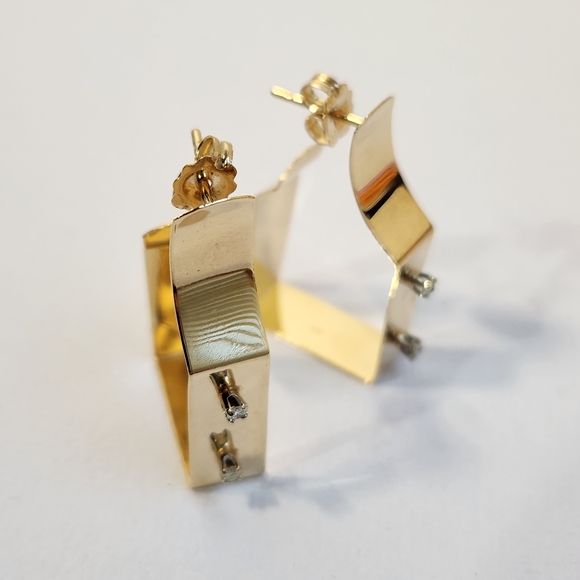Rare Mid 80s 14K Gold Modernist Geometric Hoop & Diamond Stud Earrings 3.30g - Picture 13 of 16
